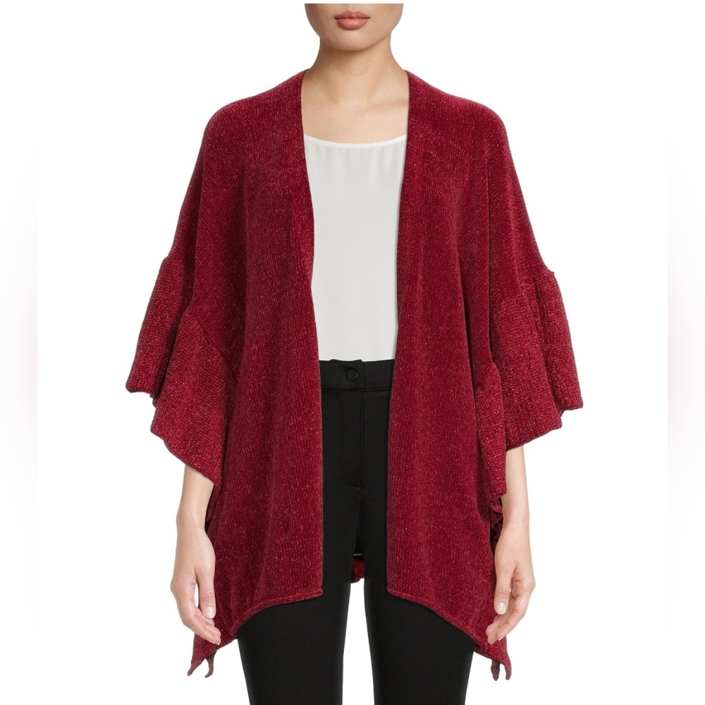 Open-Front Poncho with Ruffled Sleeves Size L/XL